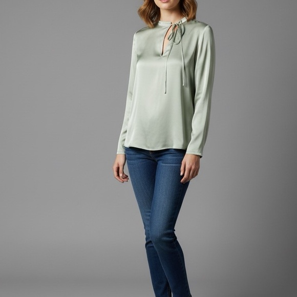 VINCE Silk High-Neck Tie Blouse in Pale Sage Green Size XS